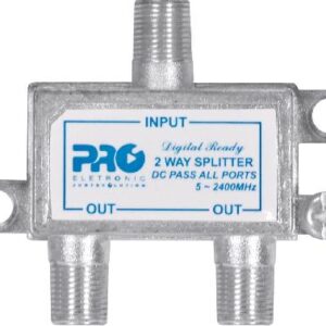 DIVISOR SATÉLITE 1 ENTRADA E 2 SAÍDAS - 5~2400 MHZ (VHF / UHV / SATÉLITE) COM PASSAGEM DC PQDV-2022