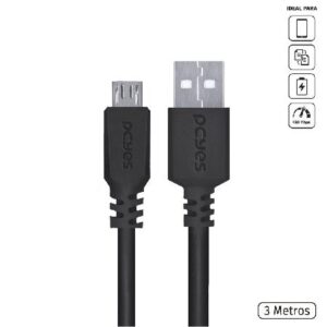 CABO PARA CELULAR MICRO USB PARA USB A 2.0 3 METROS PRETO - PMUAP-3