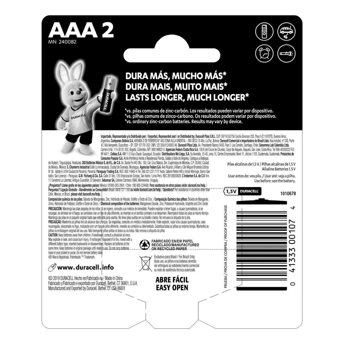 PILHA ALCALINA 1,5V AAA MN2400 (COM 2 PILHAS) DURACELL - Imagem 2