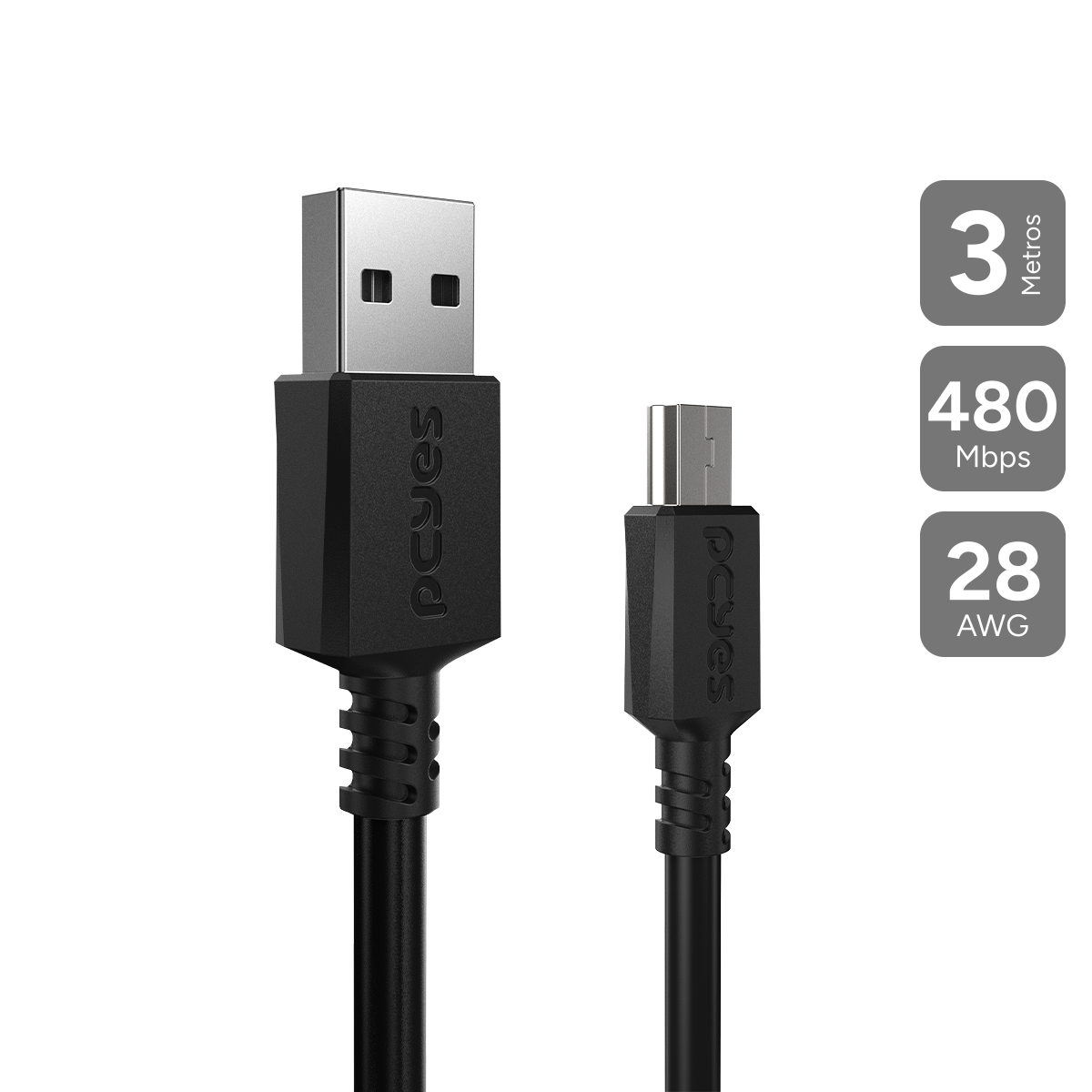 CABO PARA CELULAR CAMERA GPS CARREGAMENTO USB A 2.0 PARA MINI USB B 2.0 - PRETO - 3 METROS - PUANM2-3
